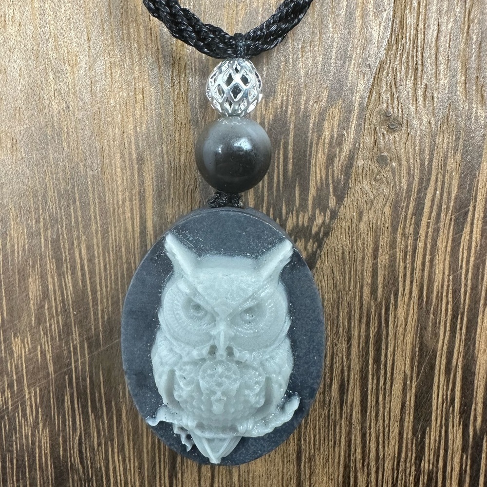 Tai Chi Stone Owl Pendant Necklace on Black Adjustable Rope - Picture 5 of 9